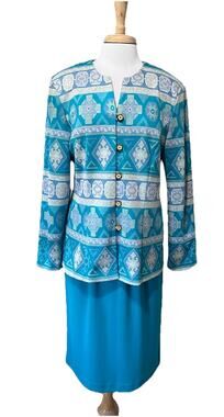 Lady Carol Vintage Skirt Suit Women's 16 Fair Isle Turquoise Sweater Knit